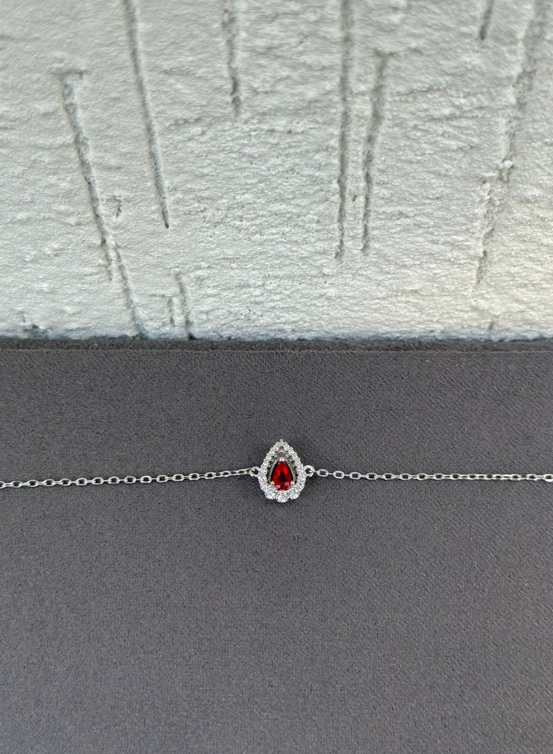 Al Kasr Jewelry Ruby Red Teardrop Halo Bracelet - Sterling Silver 925 - Plated Rhodium White Gold 18K - Adjustable Size - Image 3