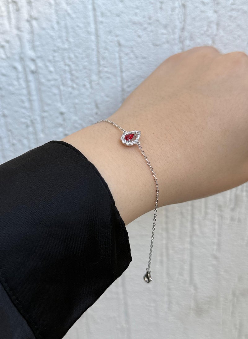 Al Kasr Jewelry Ruby Red Teardrop Halo Bracelet - Sterling Silver 925 - Plated Rhodium White Gold 18K - Adjustable Size - Image 2