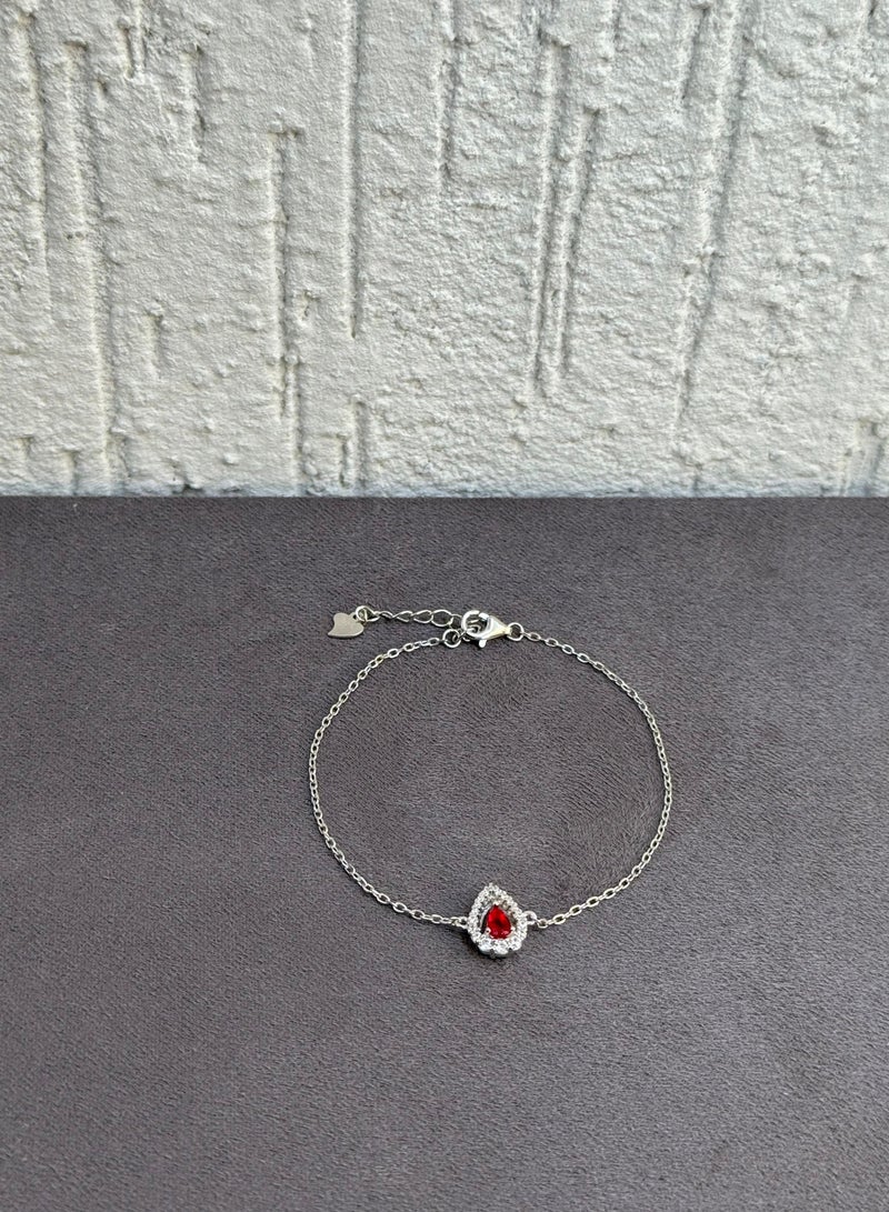 Al Kasr Jewelry Ruby Red Teardrop Halo Bracelet - Sterling Silver 925 - Plated Rhodium White Gold 18K - Adjustable Size - Image 1