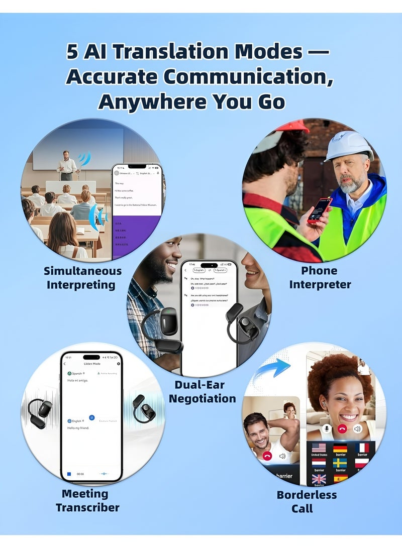 أبلينم سماعات أذن للترجمة اللغوية بالذكاء الاصطناعي، سماعات أذن مفتوحة، شاشة لمس LCD مترجم فوري لـ 134 لغة ولهجة، بلوتوث 5.3، سماعات أذن مترجم لاجتماعات العمل والسفر، لون أسود - Image 5