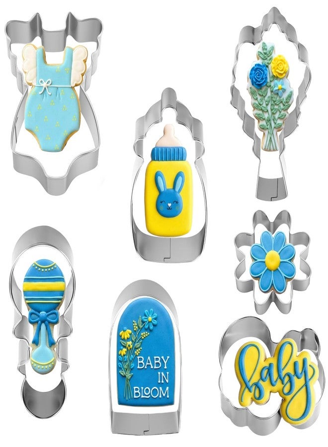 Apausvcm 7 Pcs Flower Baby Shower Cookie Cutter Set, Flower, Bouquet, Onesie, Bottle, Fondant Biscuit Cutters Baby in Bloom Stainless Steel Cookie Cutters Molds for BabyShower Birthday Party - Image 1