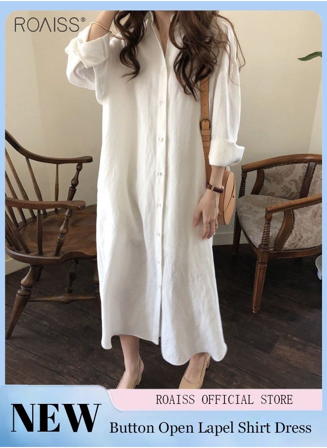 roaiss - Women's Casual Cotton Shirt Dress Classic Polo Collar Long Sleeve Button Open Closed Shirt Cardigan Loose Sunscreen Solid Color Dress - Image 1