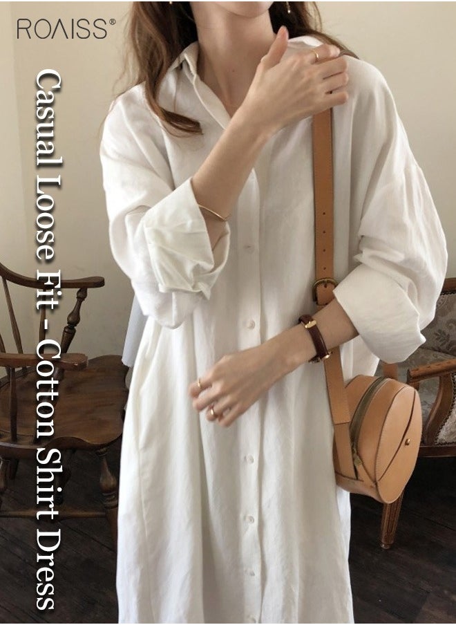 roaiss - Women's Casual Cotton Shirt Dress Classic Polo Collar Long Sleeve Button Open Closed Shirt Cardigan Loose Sunscreen Solid Color Dress - Image 1