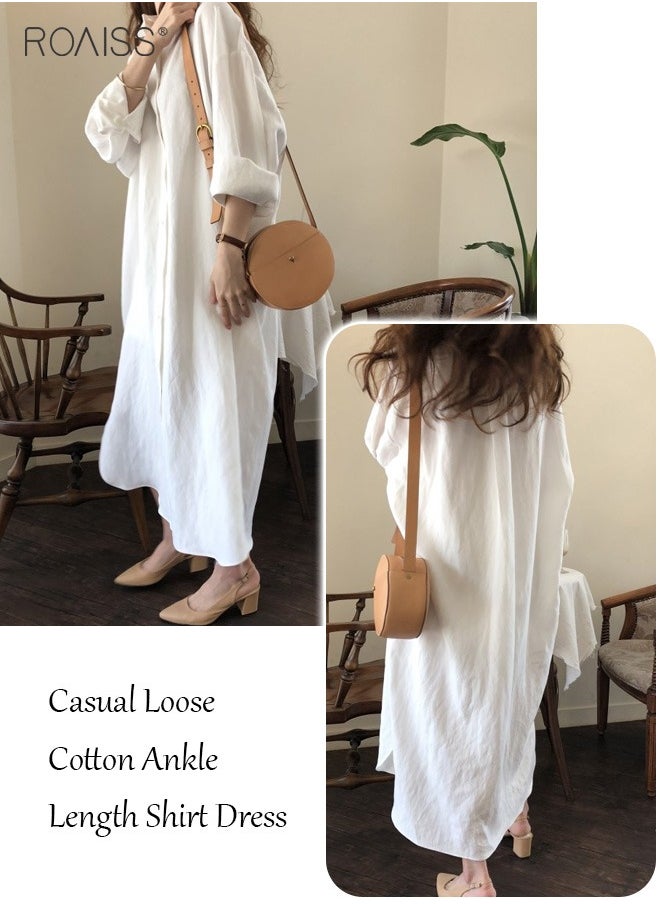 roaiss - Women's Casual Cotton Shirt Dress Classic Polo Collar Long Sleeve Button Open Closed Shirt Cardigan Loose Sunscreen Solid Color Dress - Image 1