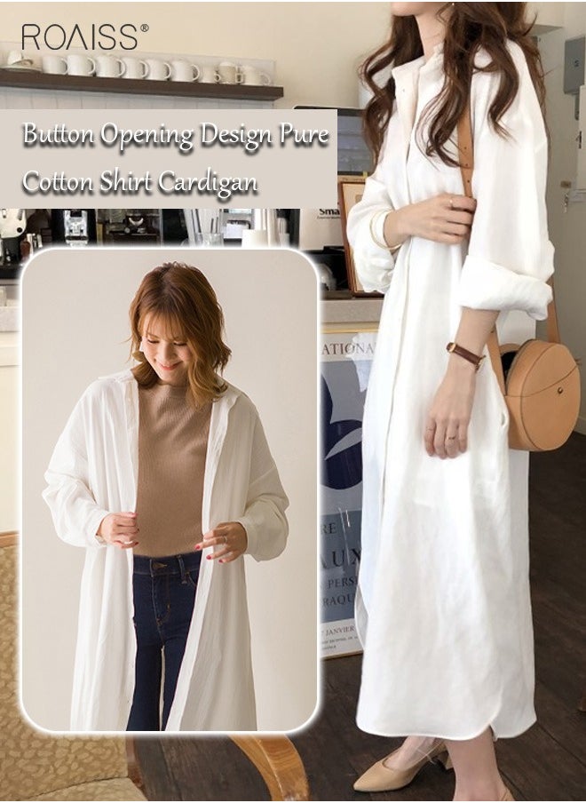 roaiss - Women's Casual Cotton Shirt Dress Classic Polo Collar Long Sleeve Button Open Closed Shirt Cardigan Loose Sunscreen Solid Color Dress - Image 1
