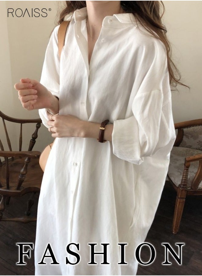 roaiss - Women's Casual Cotton Shirt Dress Classic Polo Collar Long Sleeve Button Open Closed Shirt Cardigan Loose Sunscreen Solid Color Dress - Image 1