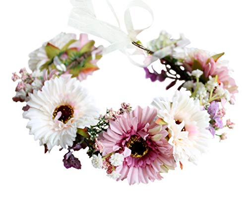 Vivivalue Daisy Flower Crown Floral Wreath Headband Hair Garland Flower Halo Headpiece with Ribbon Wedding Party Festival Photos Pink - Image 1