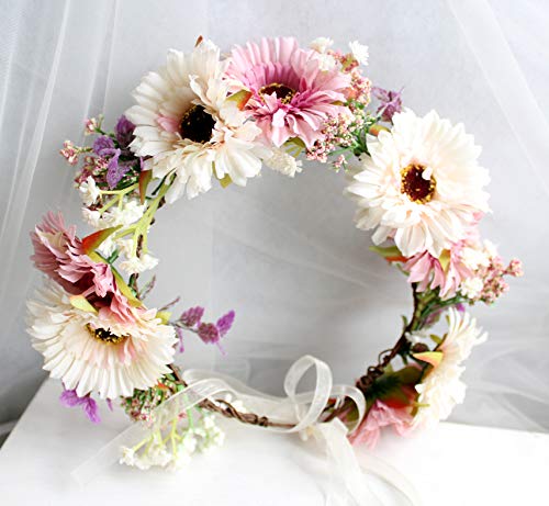 Vivivalue Daisy Flower Crown Floral Wreath Headband Hair Garland Flower Halo Headpiece with Ribbon Wedding Party Festival Photos Pink - Image 3