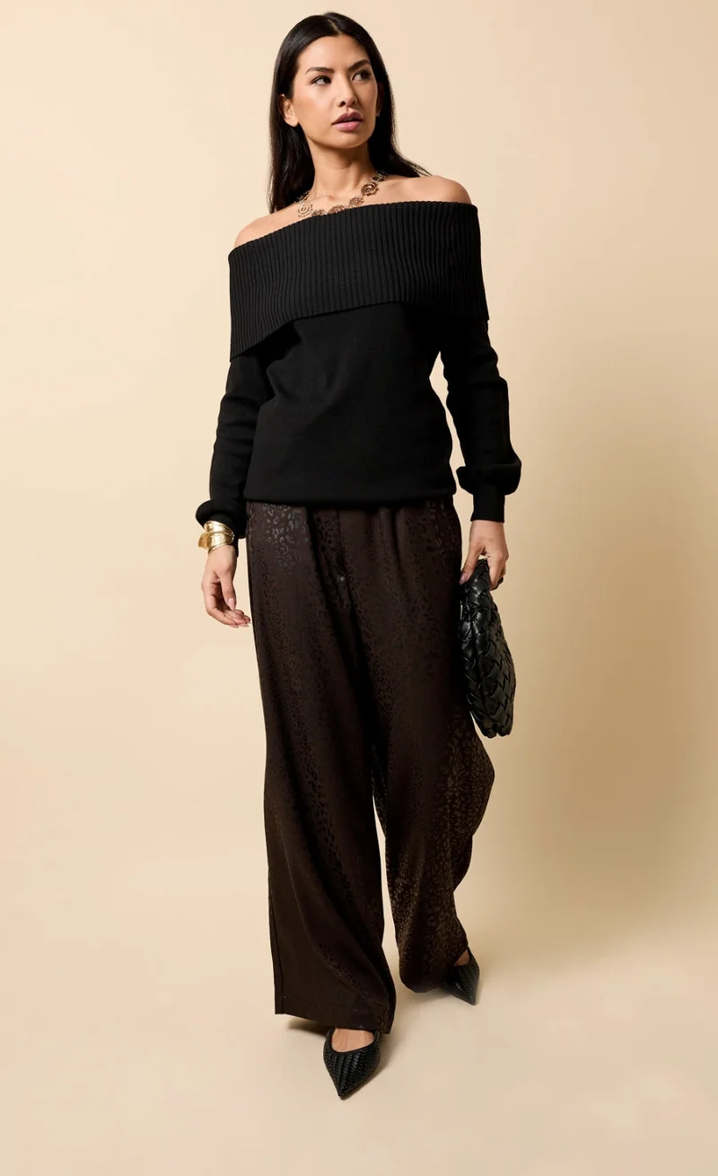 Chocolate Animal Texture Satin Wide Leg Trousers