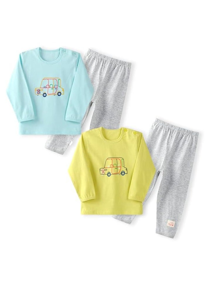 AIWANTO 2 Set Baby Boy Car Embroidered Design Cotton Pajama Set Long Sleeves & Pants Set Green & Blue (24-36months)