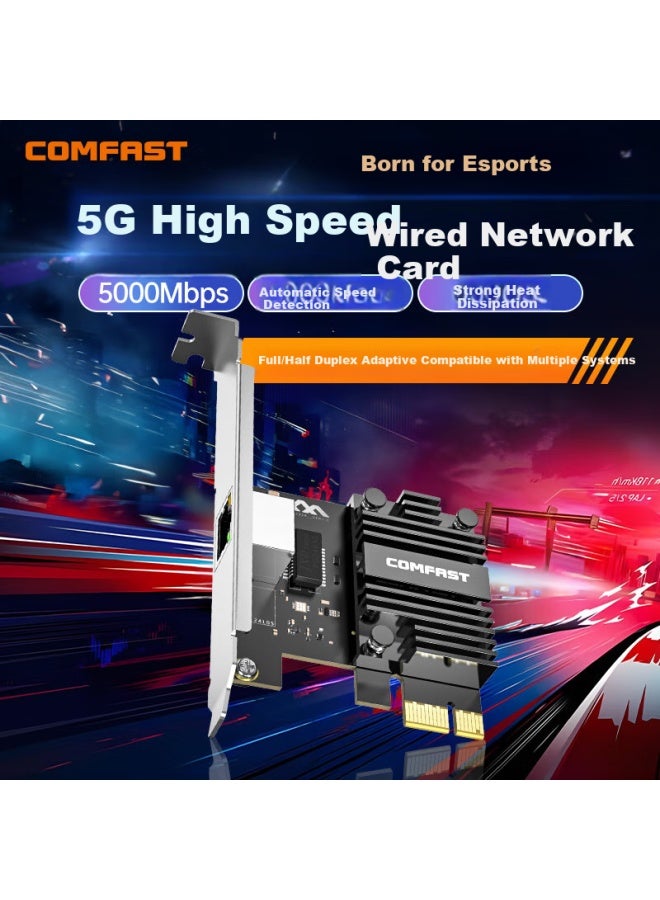 Comfast Pci-e 5g Wired Network Card Desktop Computer Built-in Pcie To Gigabit Network Card Rj45 Network Port Expansion Host Ethernet Full Duplex Adaptive 5000m Network Card - Image 1