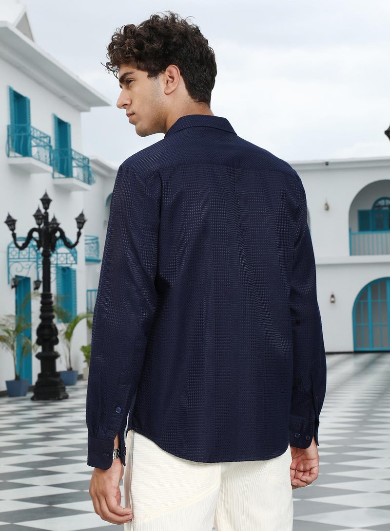 Campus Sutra Campus Sutra Men's Midnight Blue Geometric-Panel Jacquard Shirt | Spread Collar , Long Cuffed Sleeves , Button Closure , Curved Hem | Geometric Jacquard | Cotton-Blend Shirt For Casual Wear - Image 5