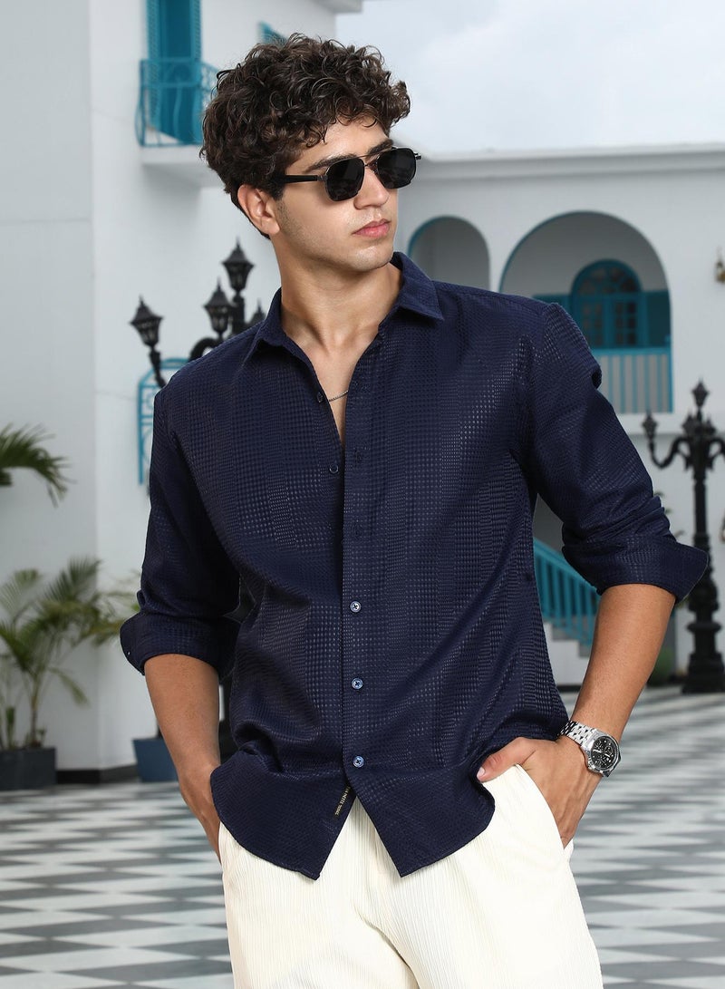 Campus Sutra Campus Sutra Men's Midnight Blue Geometric-Panel Jacquard Shirt | Spread Collar , Long Cuffed Sleeves , Button Closure , Curved Hem | Geometric Jacquard | Cotton-Blend Shirt For Casual Wear - Image 1
