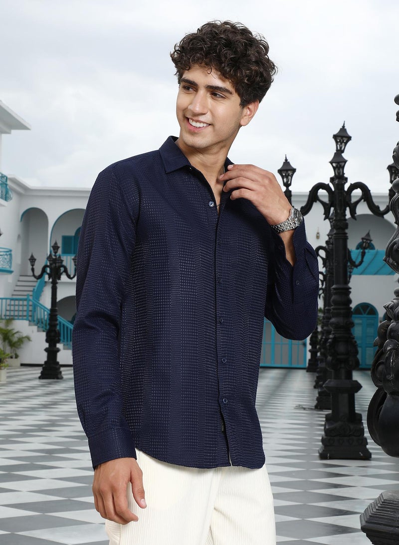 Campus Sutra Campus Sutra Men's Midnight Blue Geometric-Panel Jacquard Shirt | Spread Collar , Long Cuffed Sleeves , Button Closure , Curved Hem | Geometric Jacquard | Cotton-Blend Shirt For Casual Wear - Image 3