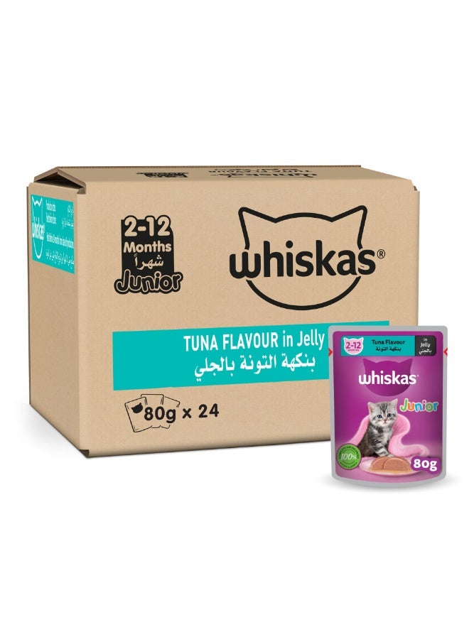 Whiskas Junior Tuna Flavour in Jelly Wet Kitten Food 80g x 24 Pouches Complete Nutrition for 2–12 Month Kittens - Image 1
