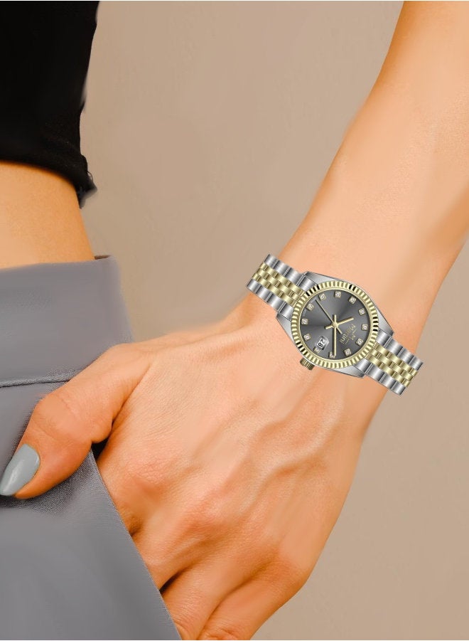 مارتيني ساعة مارتيني الأنيقة للنساء بتصميم عصري مينا رمادية وسوار من الفولاذ المقاوم للصدأ مقاومة للماء مثالية للإطلالات الكاجوال والرسمية - Image 4