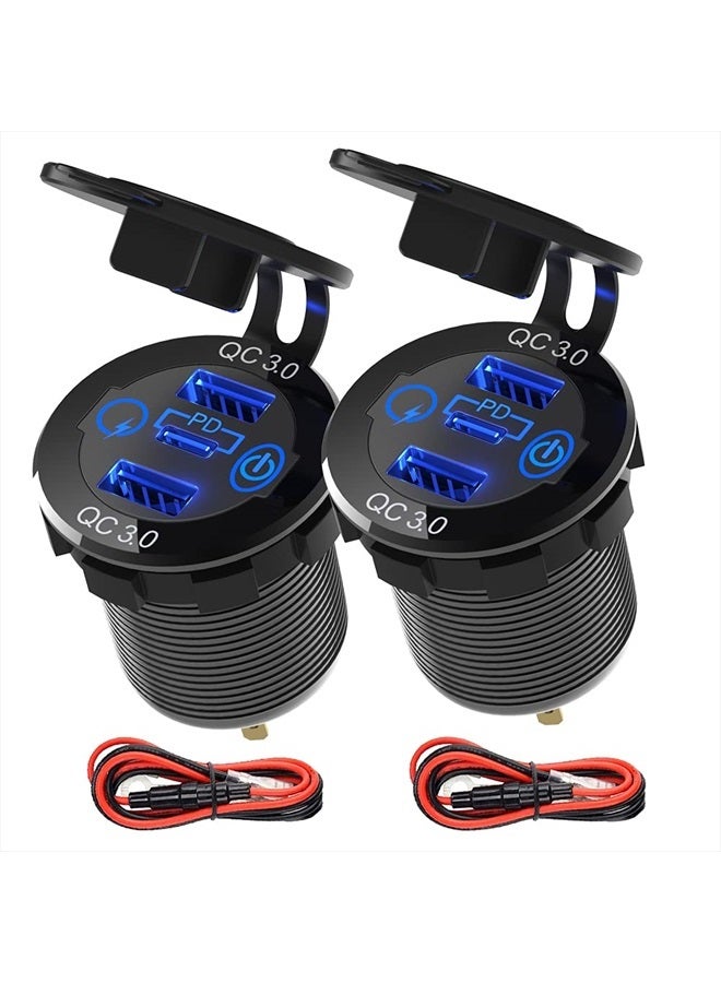 GemCoo 2 Packs PD Type C Car Charger Socket & Dual Quick Charge 3.0 Ports Aluminum, 60W USB C Triple 12V USB Socket Aluminum Car Charger with Touch Switch, Waterproof PD Charge for Car Boat Marine RV - Image 1