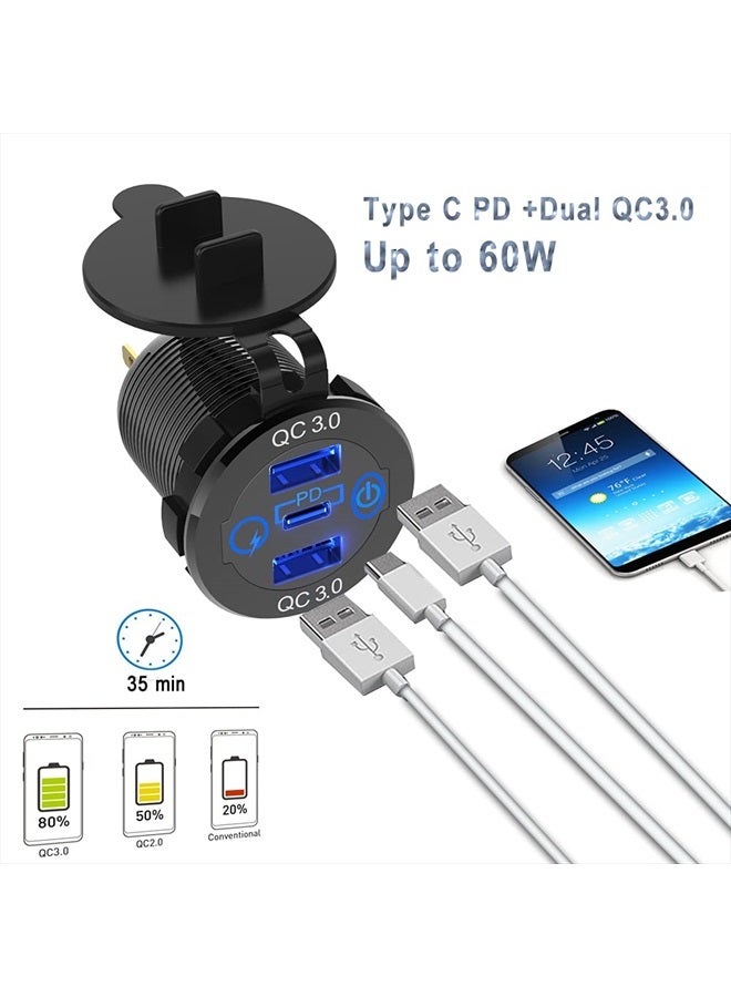 GemCoo 2 Packs PD Type C Car Charger Socket & Dual Quick Charge 3.0 Ports Aluminum, 60W USB C Triple 12V USB Socket Aluminum Car Charger with Touch Switch, Waterproof PD Charge for Car Boat Marine RV - Image 4