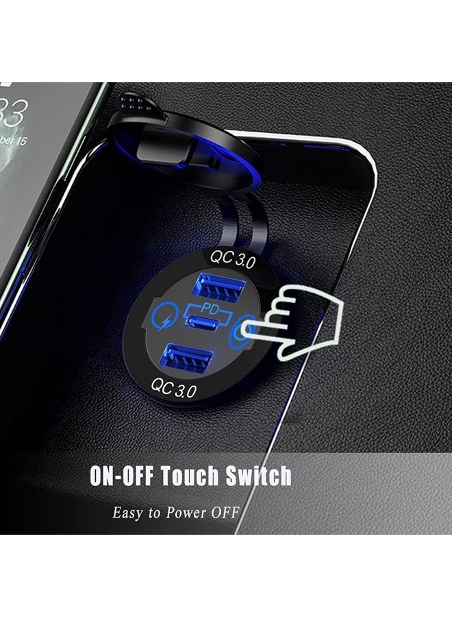 GemCoo 2 Packs PD Type C Car Charger Socket & Dual Quick Charge 3.0 Ports Aluminum, 60W USB C Triple 12V USB Socket Aluminum Car Charger with Touch Switch, Waterproof PD Charge for Car Boat Marine RV - Image 2
