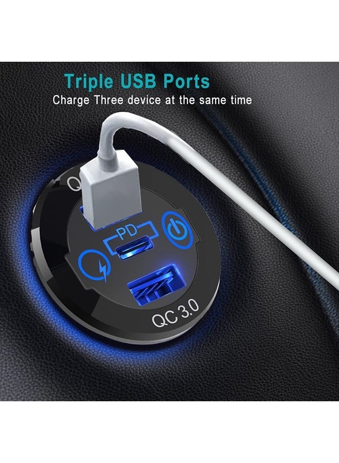 GemCoo 2 Packs PD Type C Car Charger Socket & Dual Quick Charge 3.0 Ports Aluminum, 60W USB C Triple 12V USB Socket Aluminum Car Charger with Touch Switch, Waterproof PD Charge for Car Boat Marine RV - Image 3