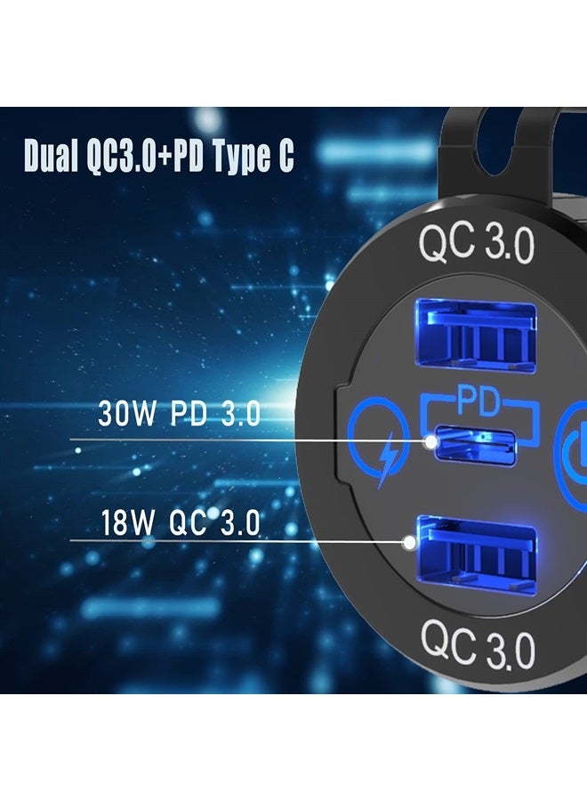GemCoo 2 Packs PD Type C Car Charger Socket & Dual Quick Charge 3.0 Ports Aluminum, 60W USB C Triple 12V USB Socket Aluminum Car Charger with Touch Switch, Waterproof PD Charge for Car Boat Marine RV - Image 5