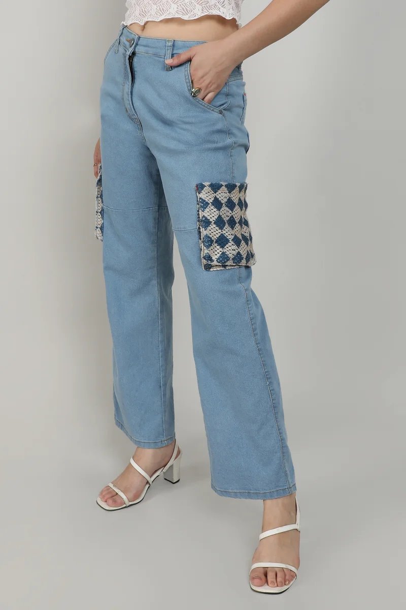 Pinacolada  Women's Light Blue Contrast Patch Denim Jeans for Women | Best Price UAE