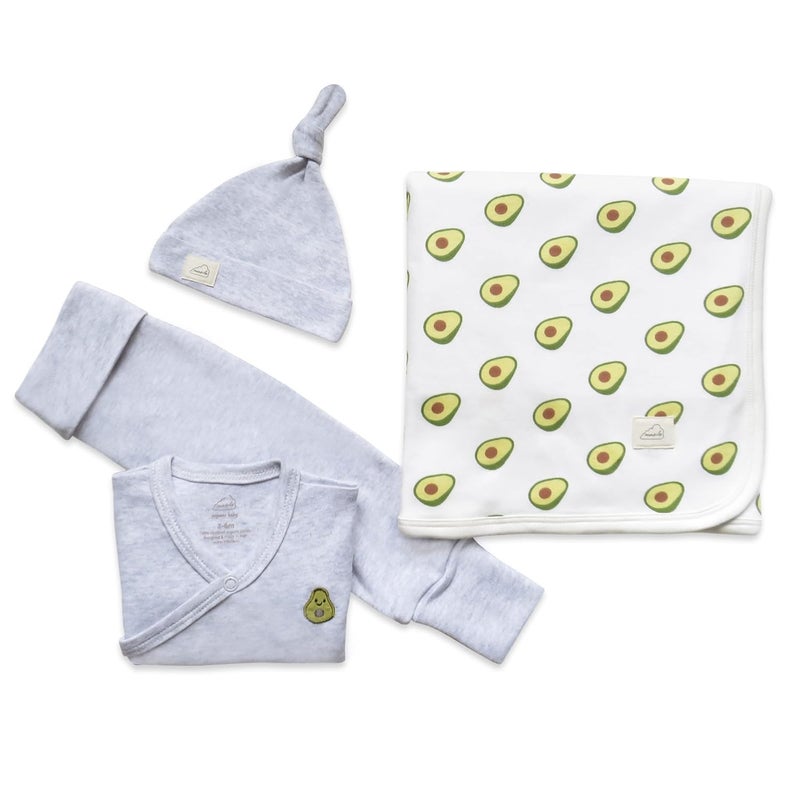 Masilo Organic Cotton Welcome Baby Bundle TopPantTop Knot CapReceiving BlanketUnisex 36 Months Grey Avocado - Image 1
