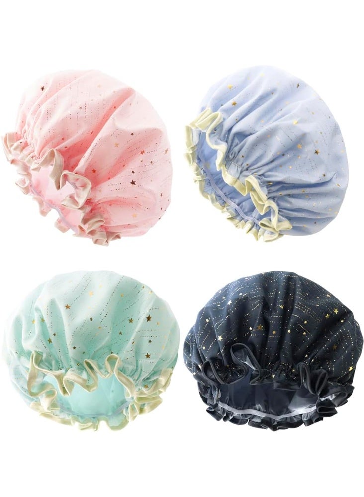 4 Pcs Shower Caps for Women, Double-Layer Waterproof Hair Caps, Reusable Elastic Bath Caps, Eco-Friendly Hair Protection Caps for Shower, Bath, Makeup (Pink, Blue, Green, Black) - Image 1