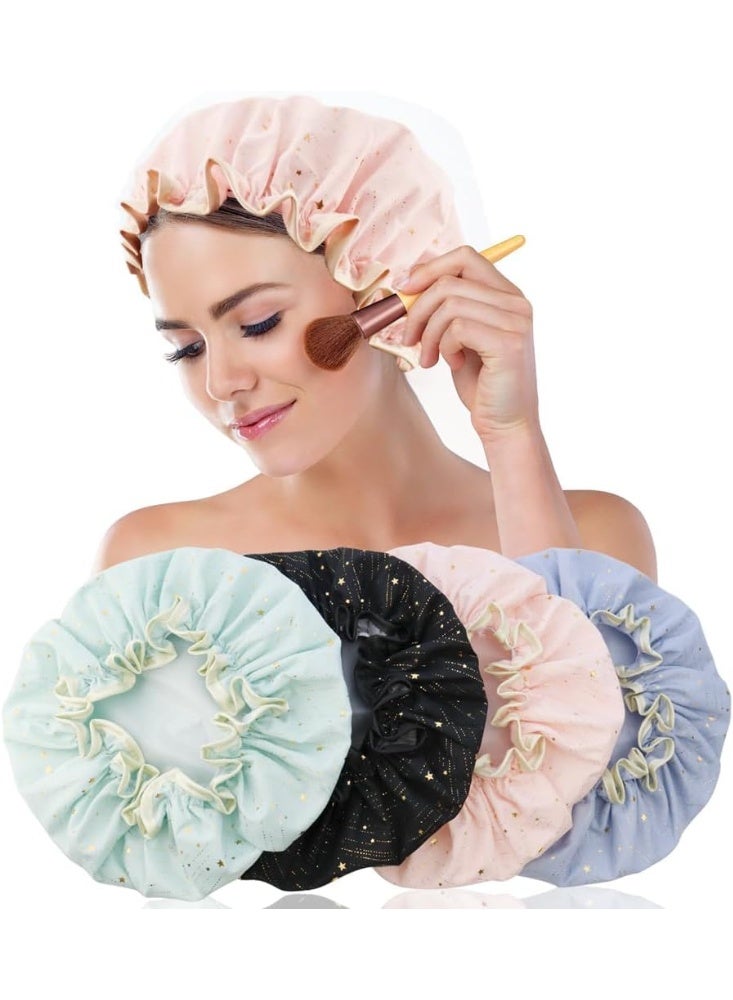 4 Pcs Shower Caps for Women, Double-Layer Waterproof Hair Caps, Reusable Elastic Bath Caps, Eco-Friendly Hair Protection Caps for Shower, Bath, Makeup (Pink, Blue, Green, Black) - Image 5