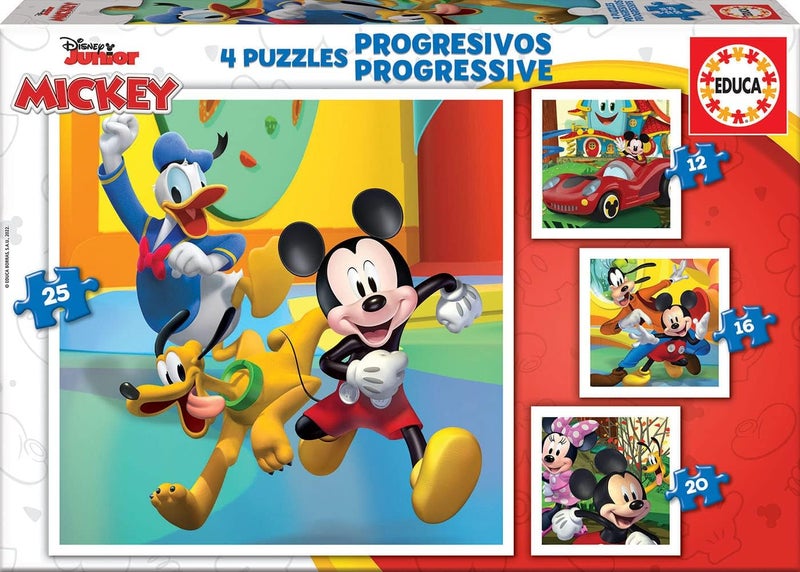 EDUCA - Progressive Mickey and Friends 4 progressive cardboard puzzles with 12-16-20-25 pieces each Approximate measurement of each puzzle 16 x 16 cm For ages 3 and up (19294) - Image 1