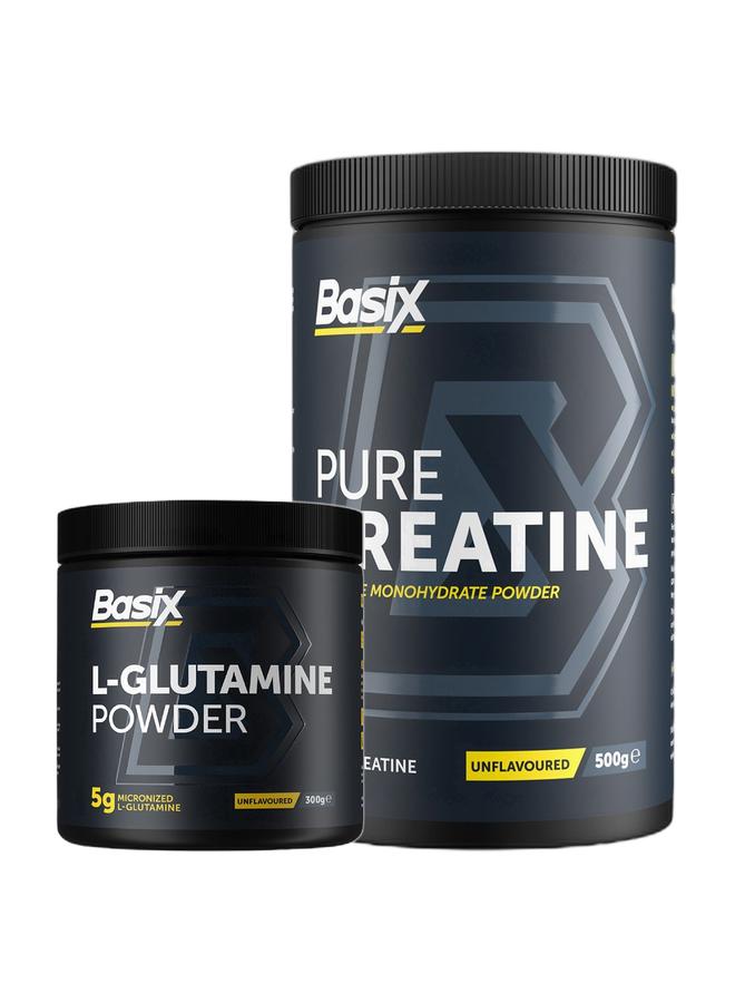 Basix عرض بوندي الحصري - مسحوق إل-جلوتامين 300 جرام وكرياتين نقي بدون نكهة 500 جرام - Image 1