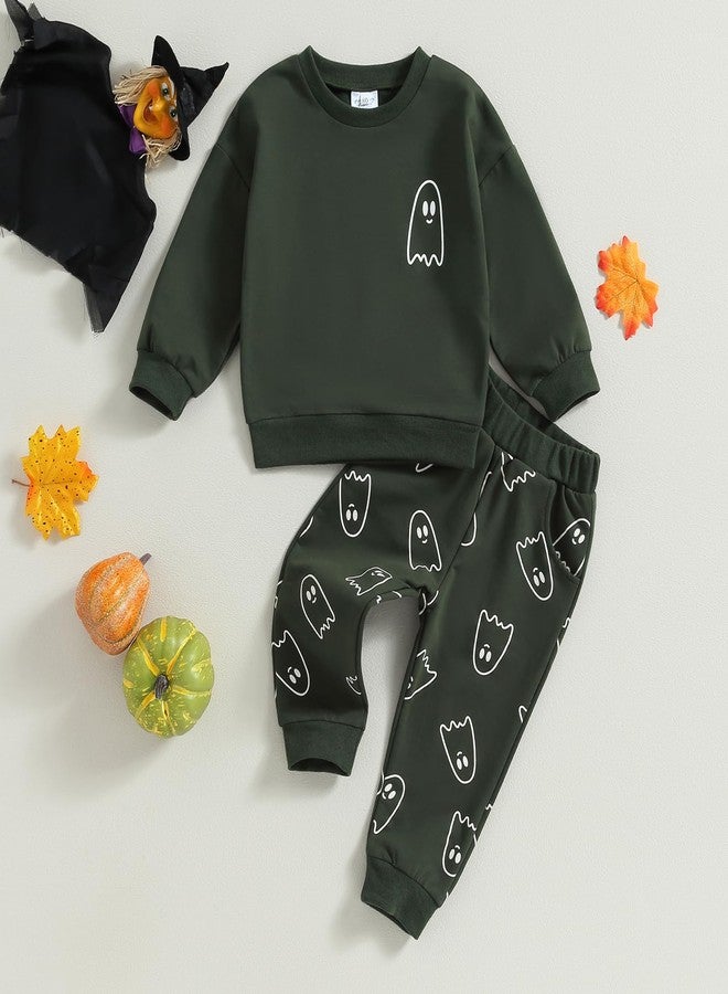 YINGISFITM Toddler Baby Girl Boy Halloween Clothes Pumpkin Shirt Ghost Sweatshirt Pants Fall Outfit Baby Halloween Costumes (Dark Green Ghost, 18-24 Months) - Image 3