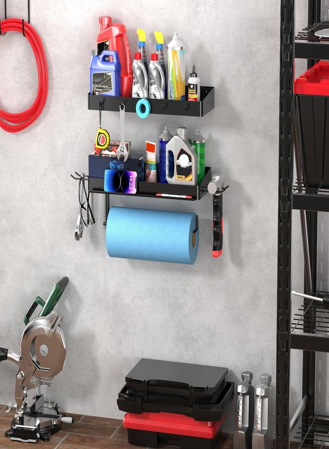 ZUNTO Garage Paper Towel Holder with 2 Shelves, Black Paper Towel Holder with Hooks, Wall Mount Paper Towel Rack for Organization and Storage, Drilling - Image 5