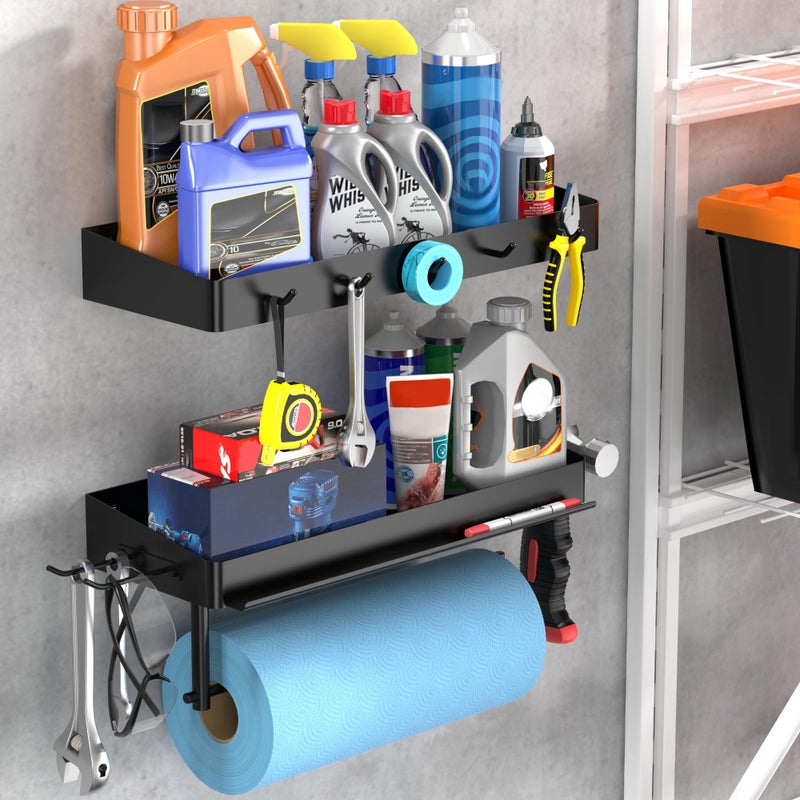 ZUNTO Garage Paper Towel Holder with 2 Shelves, Black Paper Towel Holder with Hooks, Wall Mount Paper Towel Rack for Organization and Storage, Drilling - Image 1