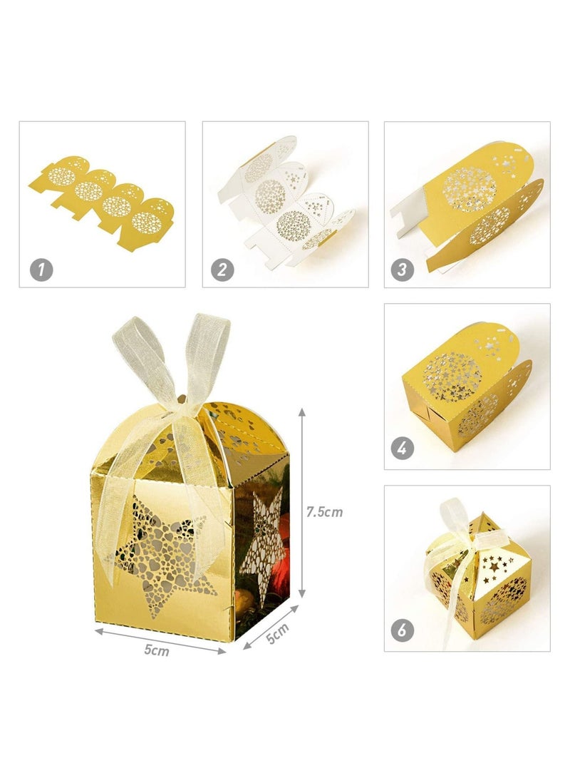 SYOSI Candy Favor Boxes, 40pcs Mini Paper Treat Boxes Candy Goodie Gift Boxes with Ribbon for Halloween Wedding Favor Party Gift Wrap Decoration, Golden Star Laser Hollowed out Wedding Candy Box - Image 4