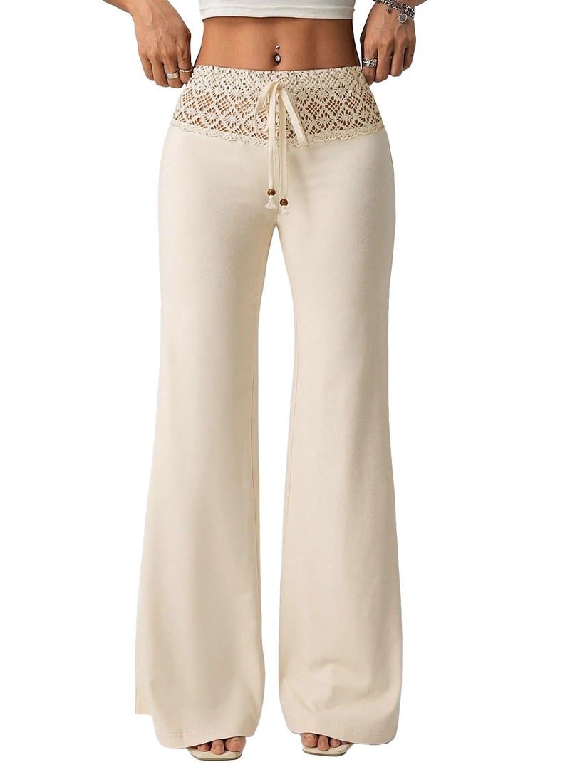 EVALESS Womens Wide Leg Pants Lace Gaucho Flare Pants Elastic High Waisted Palazzo Pants Cute Bell Bottoms Boho Holiday Trousers 2026 Fashion Spring Summer Concert Y2K Pants Beige Large - Image 1