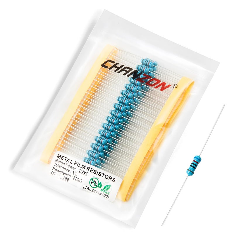 CHANZON 100pcs 1/2W (0.5W)620Ω ohm Metal Film Fixed Resistor 0.01 ±1% Tolerance 620 R MF Through Hole Resistors Current Limiting Rohs Certificated - Image 1
