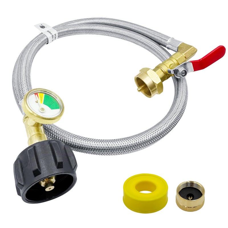 Runtticoon Propane Refill Adapter for 1 lb. Tanks,Upgraded Propane Tank Refill Adapter Hose, 3 FT/36'' Stainless Steel Propane Extension Refill Hose with Gauge and ON/Off Control Valve (QCC1/Type1 Inlet) - Image 1