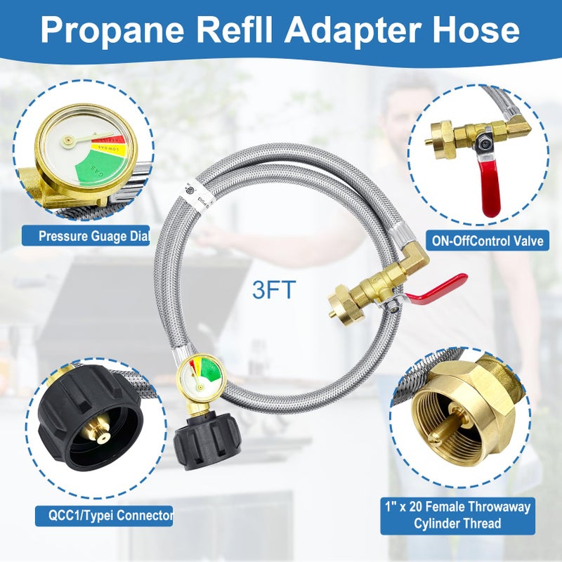 Runtticoon Propane Refill Adapter for 1 lb. Tanks,Upgraded Propane Tank Refill Adapter Hose, 3 FT/36'' Stainless Steel Propane Extension Refill Hose with Gauge and ON/Off Control Valve (QCC1/Type1 Inlet) - Image 2