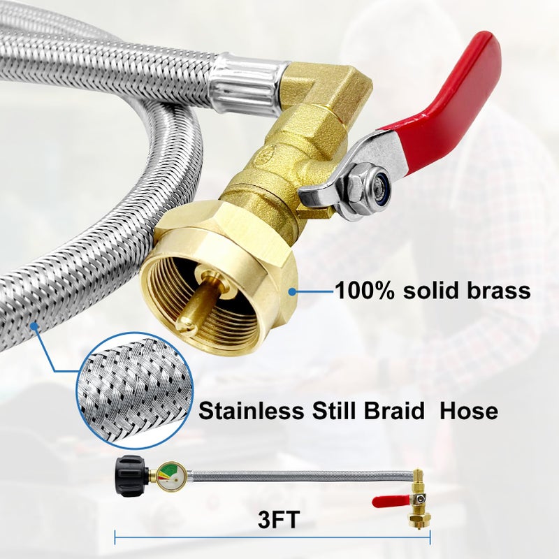 Runtticoon Propane Refill Adapter for 1 lb. Tanks,Upgraded Propane Tank Refill Adapter Hose, 3 FT/36'' Stainless Steel Propane Extension Refill Hose with Gauge and ON/Off Control Valve (QCC1/Type1 Inlet) - Image 5