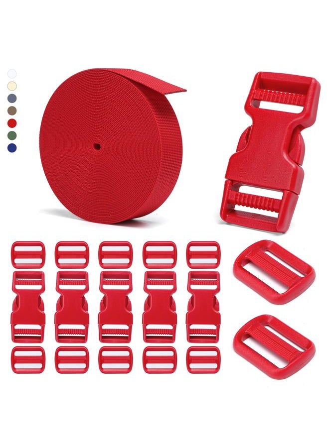 BEYOURD 1 inch Buckles and Strap Set: 10 yards Polyester Webbing Strapping, 6 pack Dual Adjustable Side Release Plastic Buckles, 12 PCS Tri-Glide Slider Clips for Dog Collar, Red - Image 1