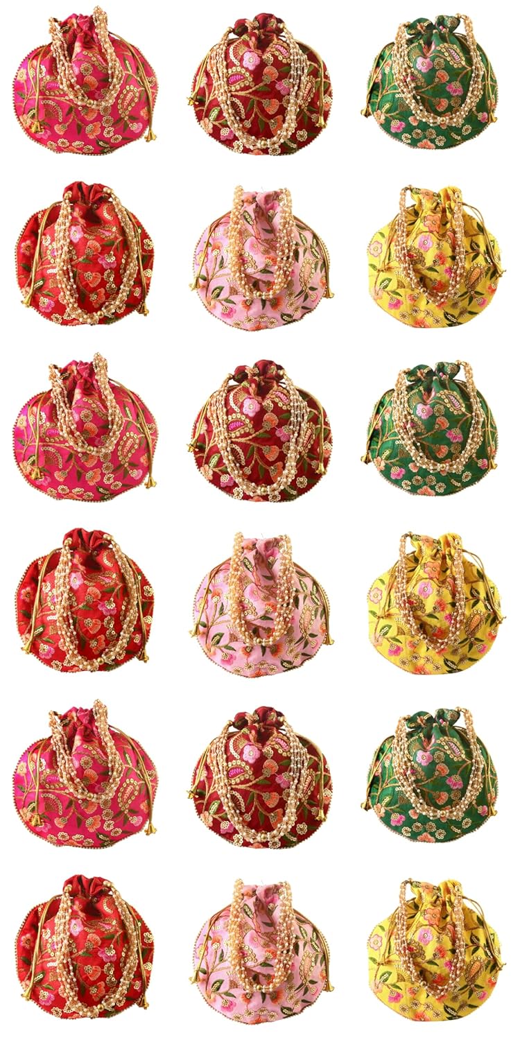 BINORI Rajasthani Style Royal Clutch Silk Batwa Bag Wristlets Embroidered Potli Bag With Floral Design, Pearl Handle, Traditional Drawstring Purse - Image 1