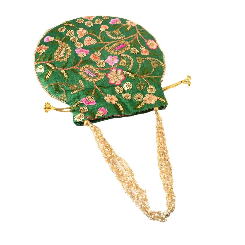 BINORI Rajasthani Style Royal Clutch Silk Batwa Bag Wristlets Embroidered Potli Bag With Floral Design, Pearl Handle, Traditional Drawstring Purse - Image 4