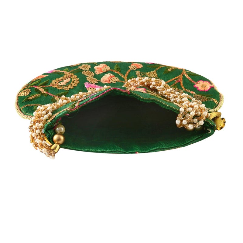 BINORI Rajasthani Style Royal Clutch Silk Batwa Bag Wristlets Embroidered Potli Bag With Floral Design, Pearl Handle, Traditional Drawstring Purse - Image 3