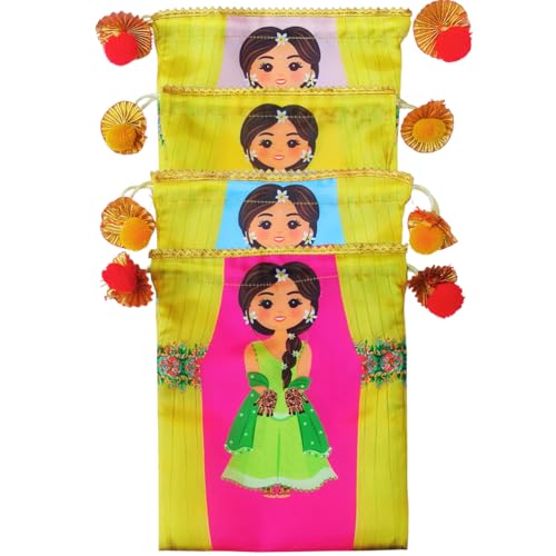 Sri Yagnaa - Pack of 10 - Mehandi Design Potli Bags - Fabric Potli Bags - Women's Silk Drawstring Closure - Gift Pouches - for Return Gifting (Multi-Color) - Image 3
