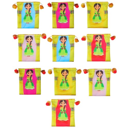 Sri Yagnaa - Pack of 10 - Mehandi Design Potli Bags - Fabric Potli Bags - Women's Silk Drawstring Closure - Gift Pouches - for Return Gifting (Multi-Color) - Image 1