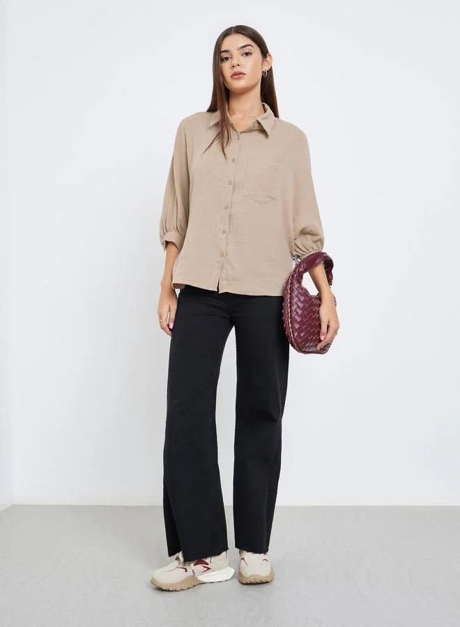 Take Two Women Beige Crinkled 3/4 Sleeve Shirt with Pocket Detail