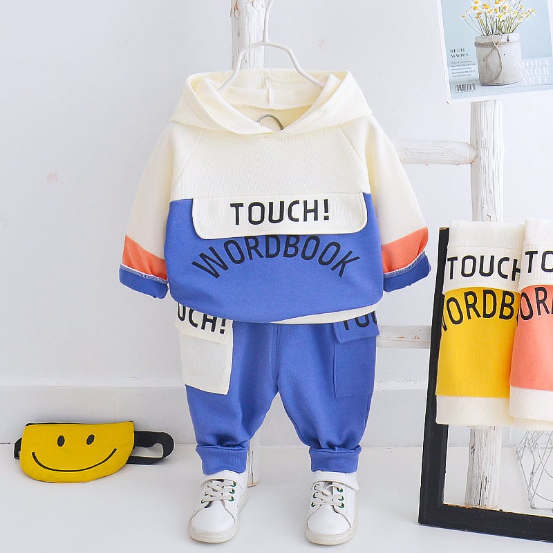Boys Spring and Autumn new childrens sports leisure loose hoodie long-sleeved sweater childrens clothing two-piece set Wholesale TOUCH Blue 