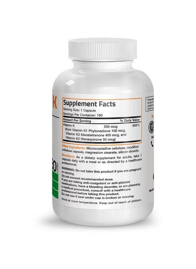 Bronson - Vitamin K Triple Play (Vitamin K2 Mk7 / Vitamin K2 Mk4 / Vitamin K1) Full Spectrum Complex Vitamin K Supplement 180 Capsules - Image 1