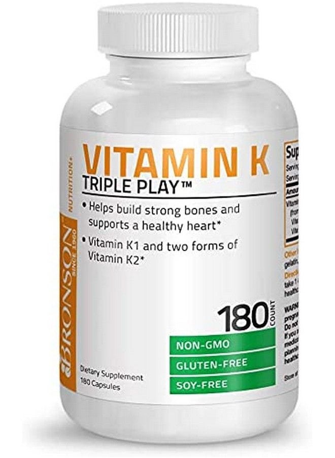 Bronson - Vitamin K Triple Play (Vitamin K2 Mk7 / Vitamin K2 Mk4 / Vitamin K1) Full Spectrum Complex Vitamin K Supplement 180 Capsules - Image 1